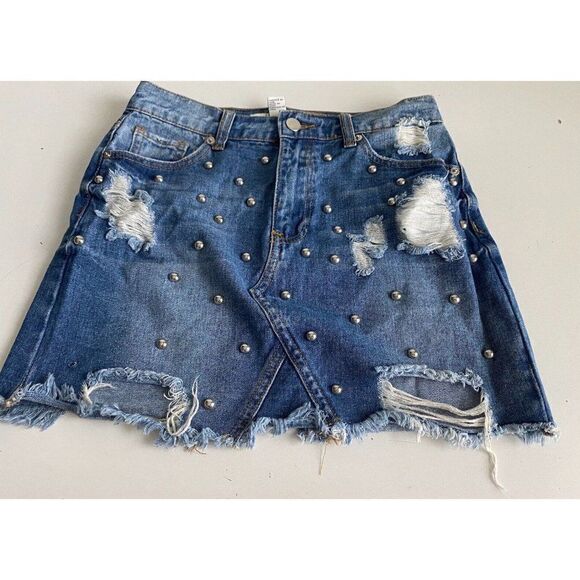 FOREVER 21 Denim Jean Studded Mini Skirt Size S Small Distressed Rocker - Picture 1 of 9